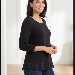 Style & Co Black Lagenlook Tunic Top • Chiffon Trim Ruched Sleeve • Size Medium